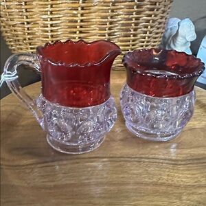 VNTG. King’s Crown Thumbprint Ruby Flash Creamer & Sugar  Set